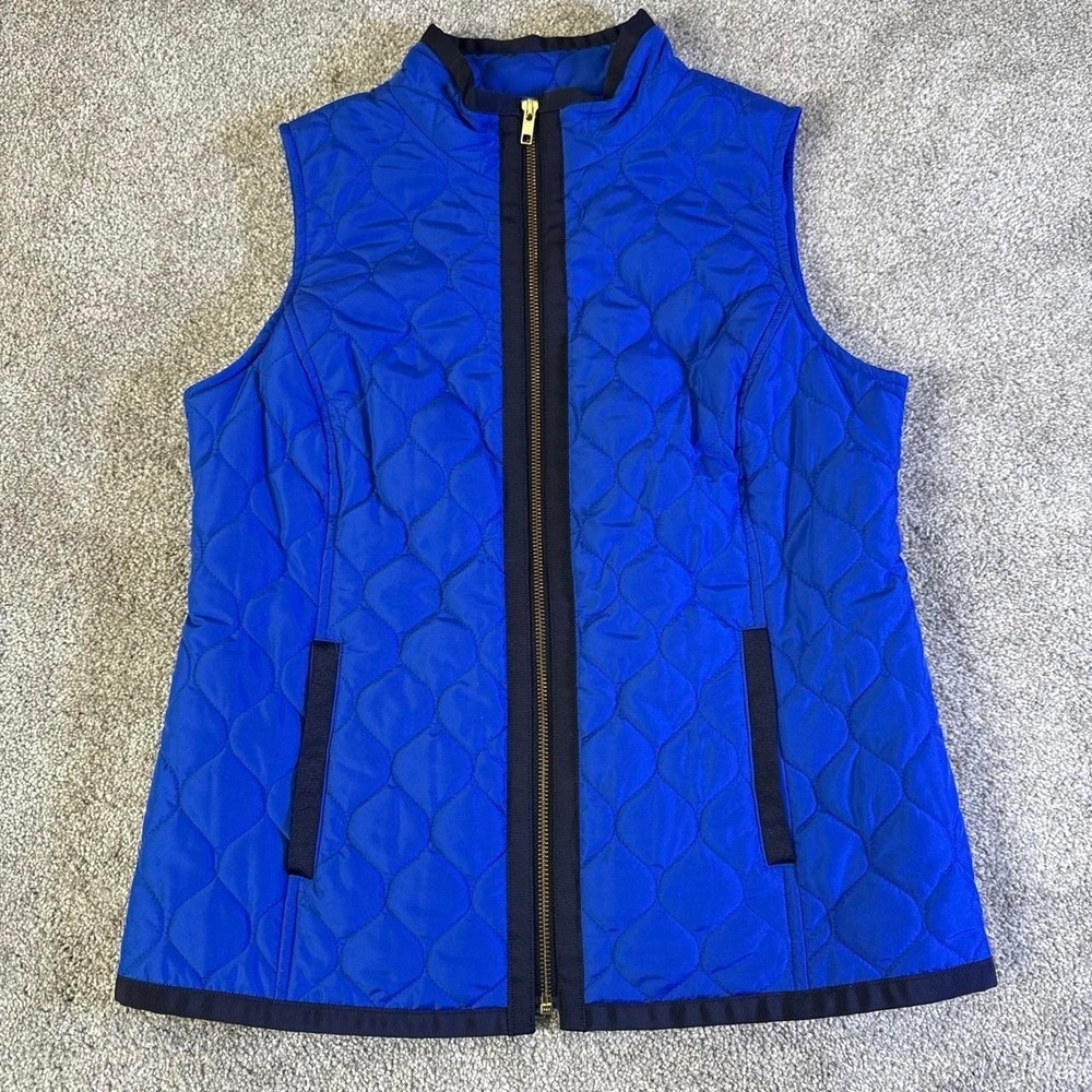 Crown & Ivy Blue Quilted Vest Women's Small Full Zip Black Trim